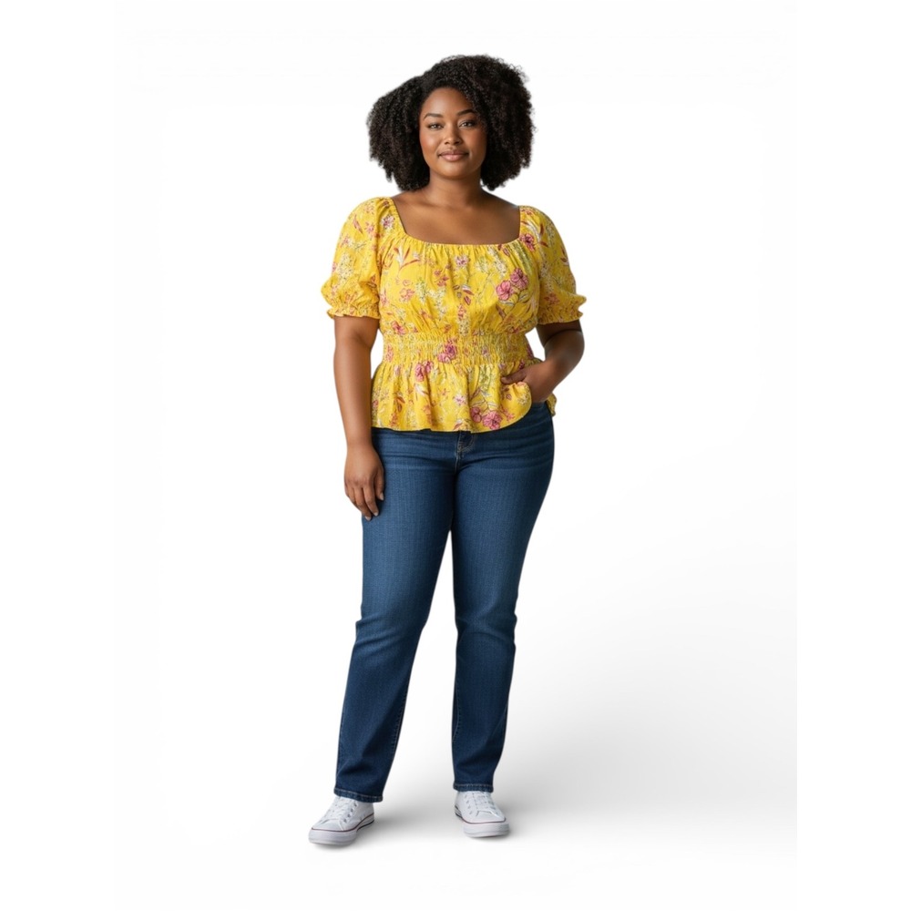 Sofia Jeans by Sofia Vergara Yellow Floral‎ Smocked Peplum Top Women's XL - Picture 2 of 4